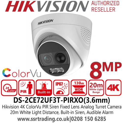 Hikvision DS-2CE72UF3T-PIRXO Analog 4K/8MP ColorVu PIR Siren Turret Camera with Audio, 3.6mm Fixed Lens, 20m White Light Range, IP67, Two way Audio