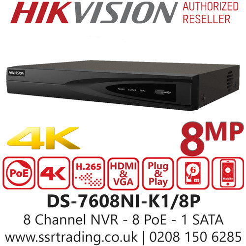 DS-7608NI-K1/8P(C) Hikvision 8 Channel 8 PoE 1 SATA NVR 