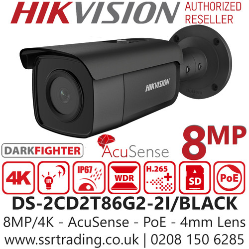 Hikvision DS-2CD2T86G2-2I (4mm) 4K IP PoE AcuSense DarkFighter Outdoor Black Bullet Camera with 4mm Fixed Lens, 50m IR Range, IP67, Face Capture, Smart Motion Detection 