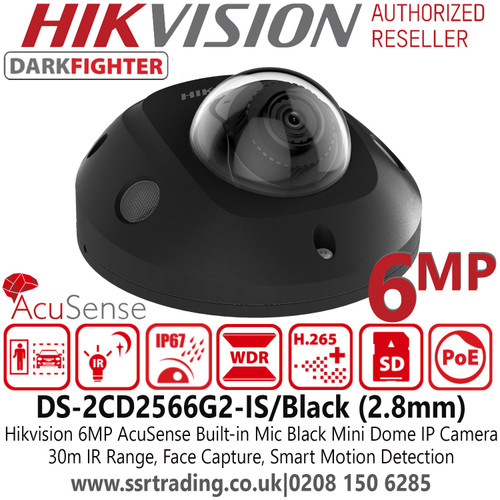 Hikvision 6MP AcuSense DarkFighter Audio Outdoor Black Mini Dome IP PoE Camera with 2.8mm Fixed Lens, 30m IR Range, IP67, Built in microphone,  Face Capture,  Smart Motion Detection - DS-2CD2566G2-IS/Black
