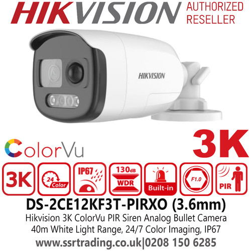 Hikvision  3K ColorVu PIR Siren Analog Outdoor Bullet Camera with 40m White Light Range, Water and Dust Resistant (IP67), 130dB WDR, 24/7 Color Imaging, Built in Strobe Light and Audio Alarm - DS-2CE12KF3T-PIRXO (3.6mm)