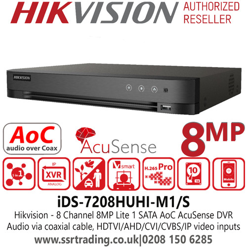 iDS-7208HUHI-M1/S Hikvision 8 Channel 8MP Lite AcuSense AoC 1 SATA 8Ch DVR  Audio via coaxial cable, HDTVI/AHD/CVI/CVBS/IP video inputs 