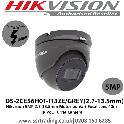  Hikvision 5MP 2.7-13.5mm Motozied Varifocal Lens 40m  IR PoC Turret Camera-DS-2CE56H0T-IT3ZE/GREY