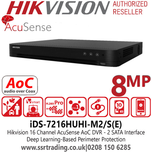 Hikvision iDS-7216HUHI-M2/S(E) 16 Channel 8MP H.265 2 SATA AcuSense Audio 16Ch DVR - HDTVI/AHD/CVI/CVBS/IP Video Inputs - Perimeter Protection - Motion Detection - Audio via Coaxial Cable