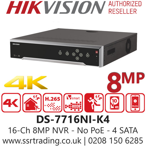 Hikvision 16-Ch 8MP No PoE NVR with 4 SATA interfaces - DS-7716NI-K4