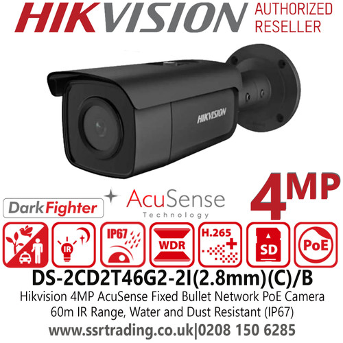 Hikvision 4MP  IP PoE Outdoor AcuSense DarkFighter Bullet Camera with 2.8mm Fixed Lens, 60m IR Range, IP67 - DS-2CD2T46G2-2I/Black(C) 