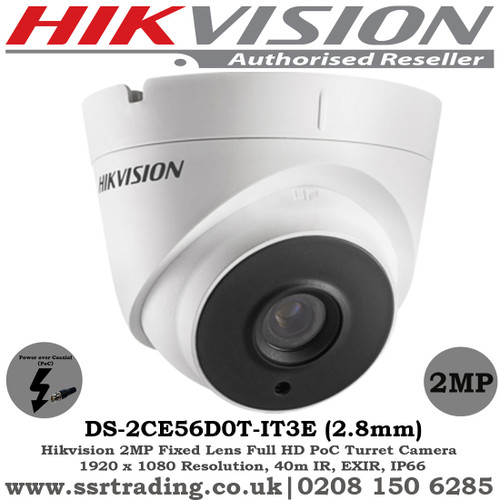 Hikvision 2MP 2.8mm Fixed Lens 40m IR EXIR IP66 PoC Turret Camera - (DS-2CE56D0T-IT3E)
