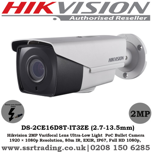 Hikvision 2MP Auto focus, 2.7 mm to 13.5 mm Motorized Vari-focal lens 80m IR Ultra Low-Light IP67 EXIR PoC Bullet Camera - (DS-2CE16D8T-IT3ZE)
