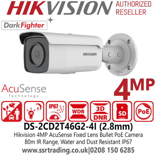 Hikvision DS-2CD2T46G2-4I (2.8mm) 4MP AcuSense DarkFighter Outdoor Bullet PoE IP Camera with 2.8mm Fixed Lens - 80m IR Range - Water and Dust Resistant (IP67) - Efficient H.265+ Compression Technology 