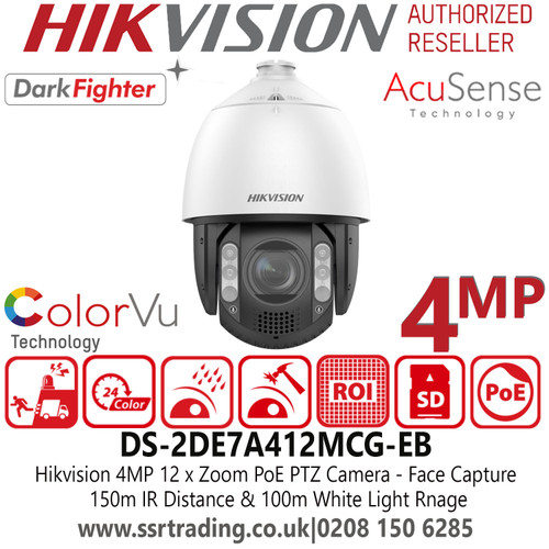 4MP PTZ IP Camera Hikvision IP PoE PTZ Camera with 12 × Optical Zoom and 16 × Digital Zoom, Up to 150m IR Distance and 100m White Light, Face Capture, AcuSense, DarkFighter & ColorVu Technology - DS-2DE7A412MCG-EB 