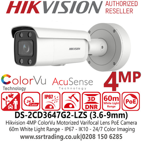 Hikvision 4MP IP PoE ColorVu AcuSense Outdoor Bullet Camera with 3.6-9mm Motorized Varifocal Lens - 60m White Light Range - Water and Dust Resistant (IP67) - Vandal Resistant (IK10) - DS-2CD3647G2-LZS (3.6-9mm)