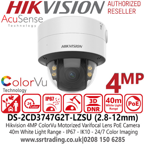 Hikvision DS-2CD3747G2T-LZSU 4MP ColorVu AcuSense Outdoor Dome PoE IP Camera with 2.8mm-12mm Motorized Varifocal Lens, 40m White LIght Range, IP67, IK10, Anti-Illuminator-Reflection, 24/7 Colorful imaging 