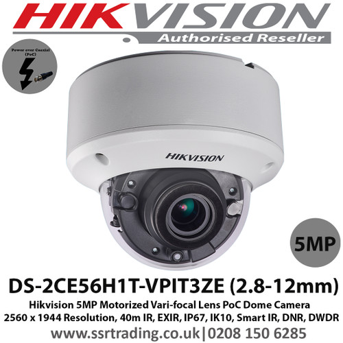  Hikvision 5MP 2.8-12mm Varifocal 40m IR IP67 IK10 EXIR PoC Dome Camera - (DS-2CE56H1T-VPIT3ZE)