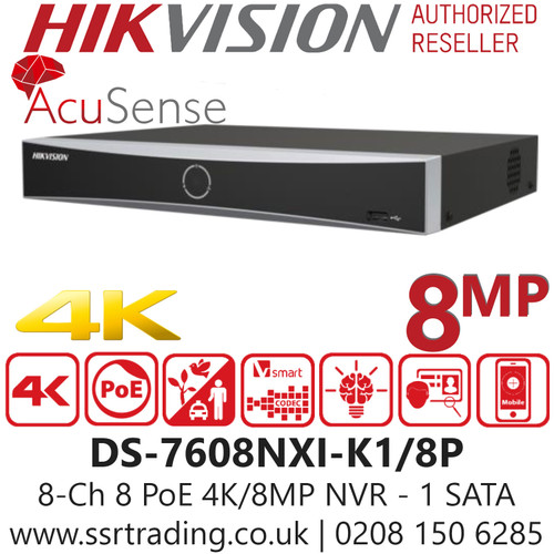 Hikvison 8-Ch Acusense 8 PoE 1 SATA 4K NVR - H.265+ Compression - DS-7608NXI-K1/8P