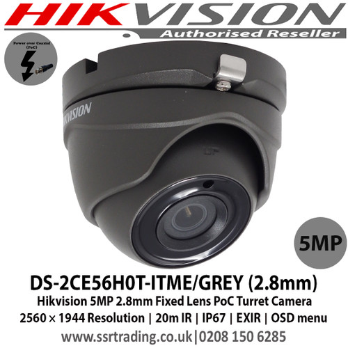Hikvision 5MP 2.8mm Fixed lens 20m IR IP67 PoC EXIR Eyeball Camera - (DS-2CE56H0T-ITME/GREY)