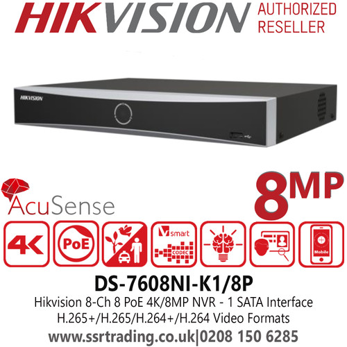 Hikvison 8 Channel Acusense 8 PoE Plug & Play 1 SATA Interface 4K NVR, Face Capture, Motion Detection - DS-7608NXI-K1/8P