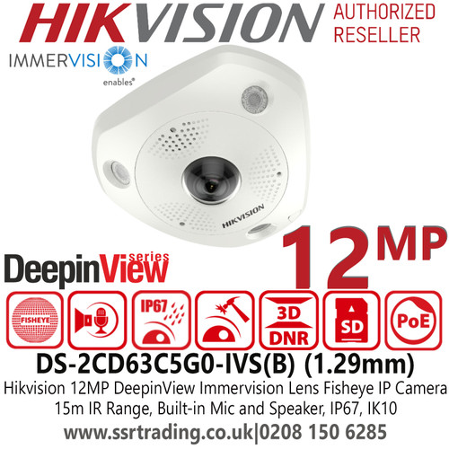 12MP Hikvision Fisheye Outdoor Network IP Camera with 1.29mm Fixed Lens, Built-in Mic And Speaker, Built-in Memory Card Slot , IP67, IK10 - DS-2CD63C5G0-IVS(B)