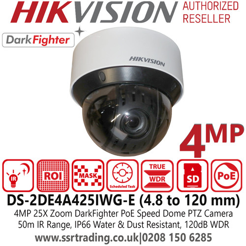 4MP Hikvision 4MP Darkfighter 25 Optical Zoom PTZ DS-2DE4A425IWG-E Camera with 4.8 to 120 mm Focal Lens, 50m IR Range, 120dB WDR, 3D DNR , IP66 - DS-2DE4A425IWG-E 