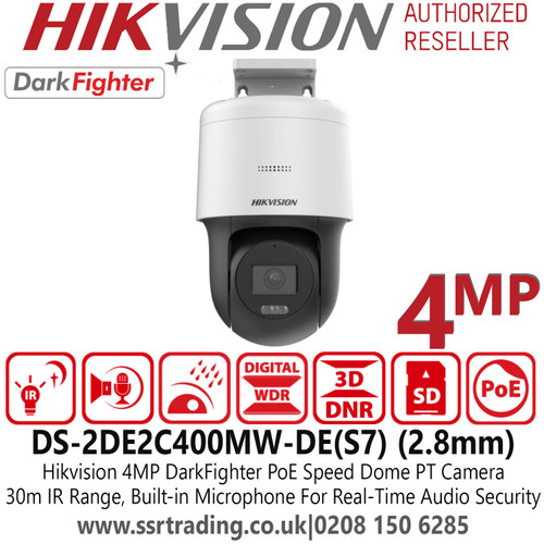4MP Hikvision 4MP Darkfighter Mini PT Dome Outdoor IP PoE Camera with 2.8mm Fixed Lens, Built-in Microphone, 30m IR Range, IP66, 3D DNR, DWDR - DS-2DE2C400MW-DE(S7) 