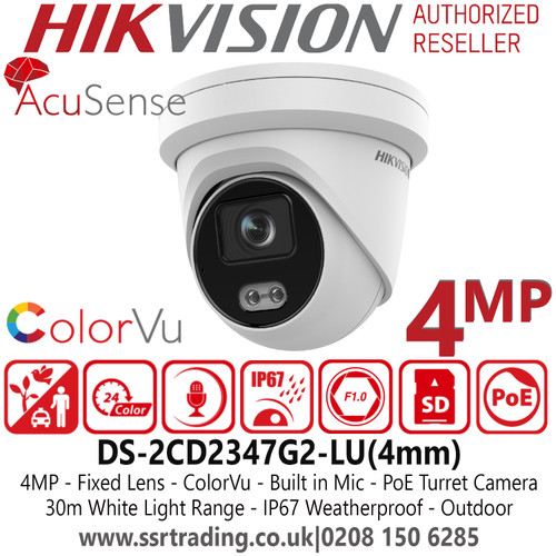 DS-2CD2347G2-LU Hikvision IP PoE 4MP AcuSense ColorVu Built in Mic Turret Camera with 4mm Fixed Lens, 30m White Light Range, 24/7 Colorful Imaging, Water And Dust Resistant (IP67)