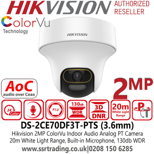 Hikvision DS-2CE70DF3T-PTS  (3.6mm) ColorVu Indoor Audio PT TVI 2MP Camera with 3.6mm Fixed Lens, 20m White Light Range, 24/7 Color Imaging with F1.0 Aperture, High Quality Audio With Audio Over Coaxial Cable, Built-in Microphone 