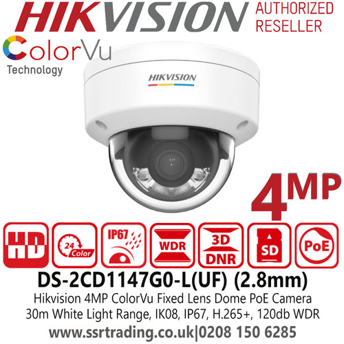 4MP Hikvision 4MP ColorVu Dome IP PoE Camera with 2.8mm Fixed Lens, 30m White Light Range, 24/7 Colorful Imaging, Excellent Low-light Performance, Water and Dust Resistant (IP67) and Vandal Resistant (IK08) - DS-2CD1147G0-L(UF) 