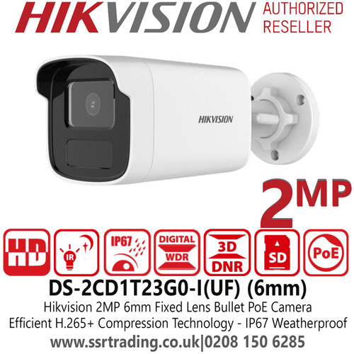 Hikvision Full HD 1080p 2MP IP PoE Bullet Camera with 6mm Fixed Lens, Supplement Light Range Up to 50m, Water and Dust Resistant (IP67) - DS-2CD1P23G0-I(UF) (6mm)