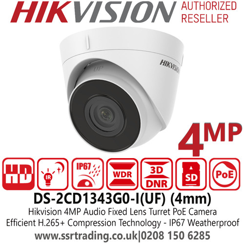 DS-2CD1343G0-I(UF) (4mm) Hikvision 4MP IP PoE Audio Turret Camera with 4mm Fixed Lens, 30m IR Range, 1/3" Progressive Scan CMOS, Built-in Microphone, IP67 Water and Dust Resistant 