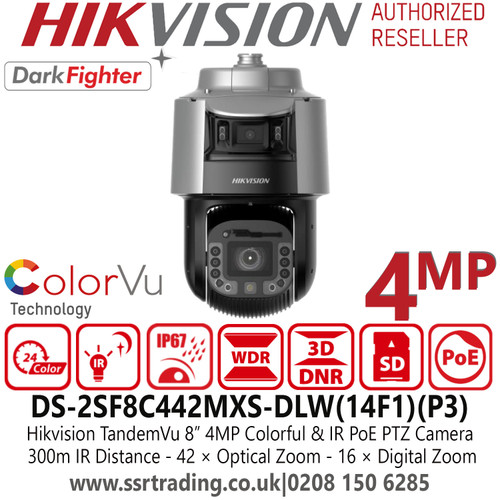 Hikvision 4MP PoE IP DarkFighter ColorVu PTZ Camera  with 42 × Optical Zoom and 16 × Digital Zoom, up to 30m White Light Distance and 300m IR Distance - DS-2SF8C442MXS-DLW(14F1)(P3) 