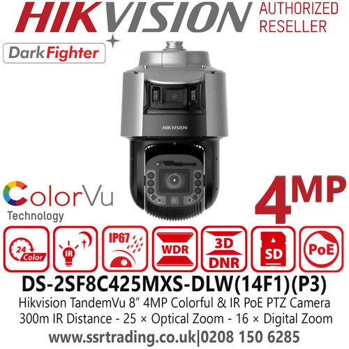 4MP Hikvision IP PoE TandemVu 4MP PTZ Camera With 25 × Optical Zoom and 16 × Digital Zoom, up to 30 m White Light Distance and 300 m IR Distance, Water and Dust Resistant (IP67) and Vandal Resistant (IK10) - DS-2SF8C425MXS-DLW(14F1)(P3)