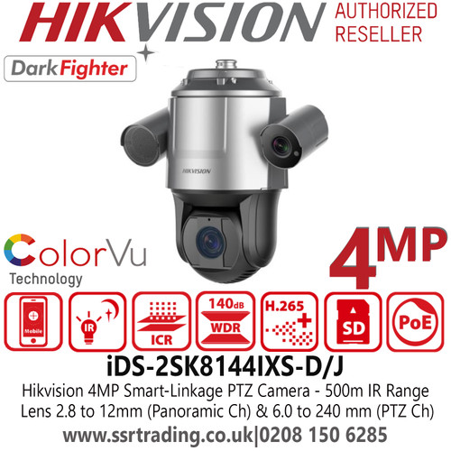 Hikvision iDS-2SK8144IXS-D/J PoE 4MP 8-inch IR PTZ IP Camera with Darfighter Technology, [Panoramic ch]: 2.8 to 12 mm; [PTZ ch]: 6.0 to 240 mm, White Light Distance 100 m IR Distance [Panoramic ch]: up to 50 m; [PTZ ch]: up to 500 m 