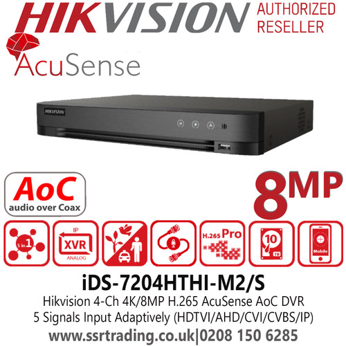 4K Hikvision 4Ch 8MP AcuSense AoC 4 Channel DVR, 5 Signals Input Adaptively (HDTVI/AHD/CVI/CVBS/IP), 2 SATA Interfaces - iDS-7204HTHI-M2/S 