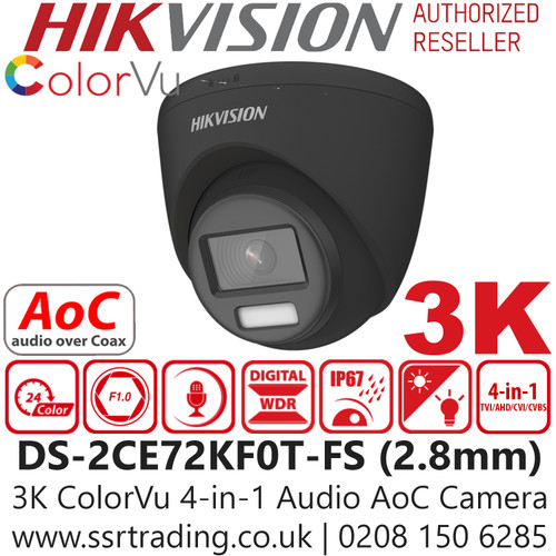 Hikvision - 3K ColorVu Turret 4-IN-1 Turret Camera with Audio - DS-2CE72KF0T-FS(2.8MM)/BLACK