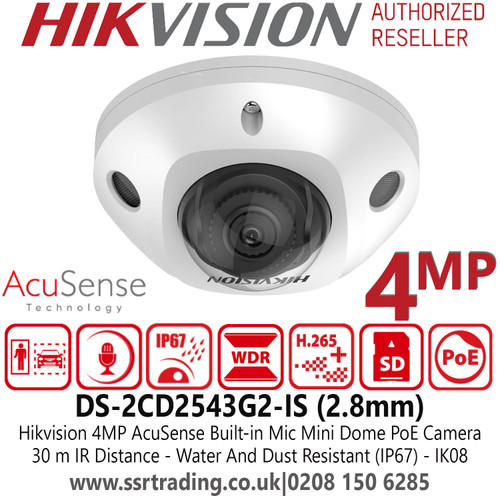 Hikvision AcuSense DS-2CD2543G2-IS 4MP Outdoor PoE IP Mini Dome Camera with Built in Mic, Night Vision & 2.8mm Lens (White)