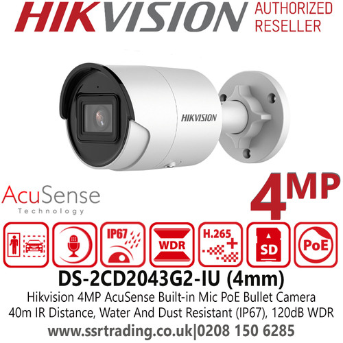 Hikvision 4MP AcuSense Outdoor Bullet PoE IP Camera with 4mm Fixed Lens, 40m IR Range, Built-in Microphone, Water and Dust Resistant (IP67) - DS-2CD2043G2-IU (4mm)