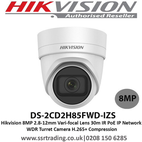 Hikvision  8MP 2.8-12mm Vari-focal Lens 30m IR H.265+ Compression  PoE IP Network WDR Turret Camera - DS-2CD2H85FWD-IZS