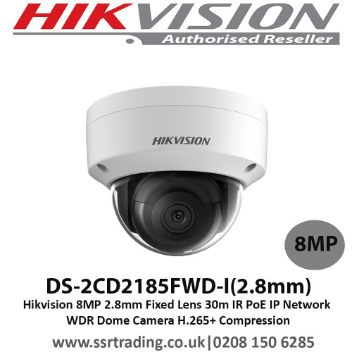  Hikvision 8MP 2.8mm Fixed Lens 30m IR H.265+ Compression  PoE IP Network WDR Dome Camera - DS-2CD2185FWD-I 