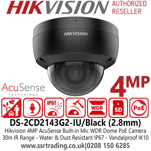 Hikvision DS-2CD2143G2-IU/Black (2.8mm) 4MP AcuSense Built-in Mic Fixed Lens Dome PoE Camera 