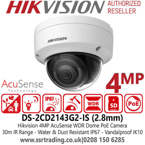 Hikvision 4MP AcuSense Outdoor/Indoor IP PoE Dome Camera with 2.8mm Lens - DS-2CD2143G2-IS(2.8mm) 