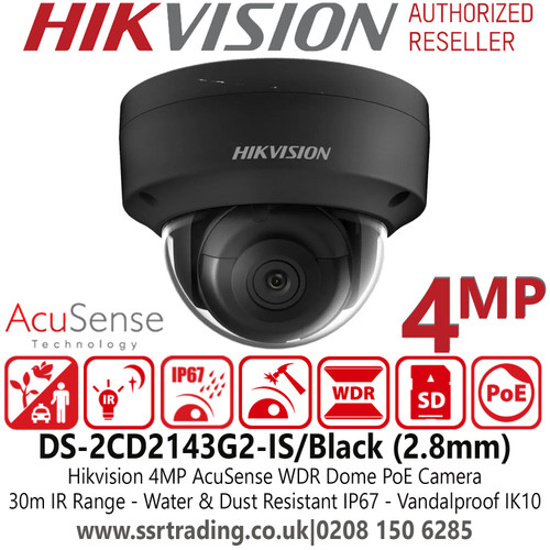 DS-2CD2143G2-IS/Black (2.8mm) Hikvision 4MP IP PoE AcuSense Black Dome Camera with 2.8mm Fixed Lens, 30m IR Range, IP67 Water and Dust Resistant, IK10 Vandal Resistant, 120dB WDR 