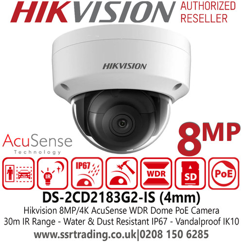 Hikvision 8MP/4K IP PoE AcuSense Dome Camera with 4mm Fixed Lens, 30m IR Range, IP67 Water and Dust Resistant, IK10 Vandal-Resistant, 120dB WDR - DS-2CD2183G2-IS (4mm)