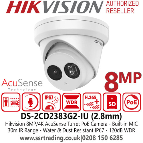 Hikvision 8MP IP PoE AcuSense  Audio Turret Camera with 2.8mm Fixed Lens, 30m IR Distance, IP67 Water and Dust Resistant, Built-in Microphone, 120dB WDR - DS-2CD2383G2-IU(2.8mm) 