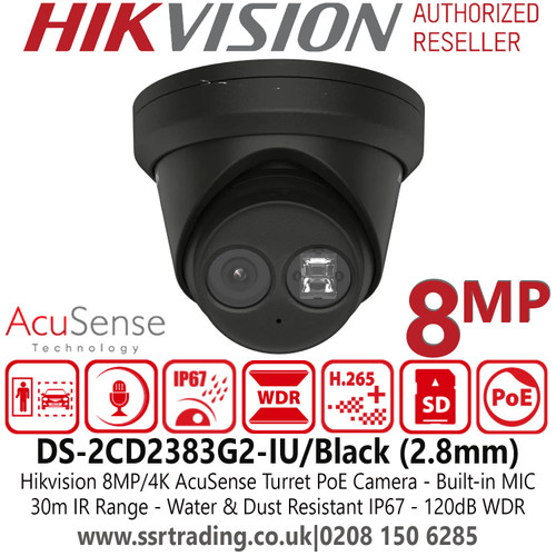 Hikvision 4K/8MP IP PoE AcuSense Audio Black Turret Camera with 2.8mm Fixed Lens, 30m IR Distance, Built-in Microphone, IP67 Water and Dust Resistant, 120dB WDR - DS-2CD2383G2-IU/Black (2.8mm)