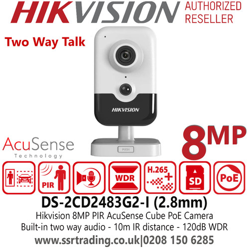 Hikvision DS-2CD2483G2-I (2.8mm) 8MP PIR AcuSense Audio Cube IP PoE Camera with 2.8mm Fixed Lens, 10m IR Distance, Built-in Two-Way Audio, 120 dB WDR, Efficient H.265+ Compression Technology 