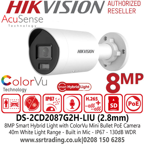 Hikvision DS-2CD2087G2H-LIU (2.8mm) 8MP Smart Hybrid Light with ColorVu IP PoE Mini Bullet Camera with 2.8mm Fixed Lens, 40m White Light Range, Built-in Microphone, 130dB WDR 