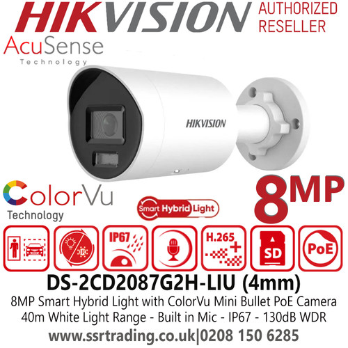 DS-2CD2087G2H-LIU (4mm) Hikvision 8MP/4K PoE IP Smart Hybrid Light with ColorVu Mini Bullet Network Camera with 4mm Fixed Lens, 40m White Light Range, IP67 Water and Dust Resistant, 130dB WDR, Built-in Microphone 