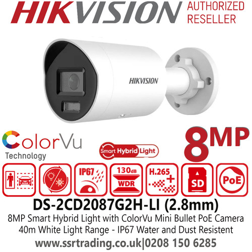 Hikvision DS-2CD2087G2H-LI (2.8mm) IP PoE 8MP/4K Smart Hybrid Light with ColorVu Mini Bullet PoE Camera with 2.8mm Fixed Lens, 40M White Light Range, 130dB WDR 