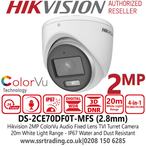 Hikvision 2MP Full HD 1080p ColorVu TVI Turret Camera with 2.8mm Fxied Lens, 20m White Light Range, Built-in Microphone, Audio over Coaxial Cable, IP67 Water and Dust Resistant, Digital WDR - DS-2CE70DF0T-MFS (2.8mm)