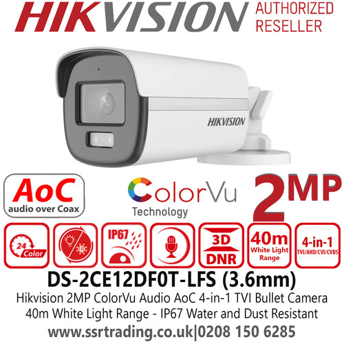 DS-2CE12DF0T-LFS (3.6mm)Hikvision  2MP Outdoor Night vision Smart Hybrid Light with ColorVu 4-in-1 TVI Bullet Camera with 3.6mm Fixed Lens, 40m White Light Range, IP67 Water and Dust Resistant, Built-in Microphone 