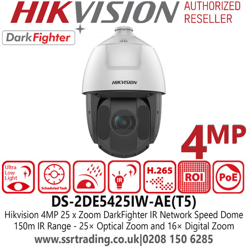 Hikvision DS-2DE5425IW-AE(T5) 4MP IP PoE DarkFighter IR Speed Dome PTZ Camera with 25× Optical Zoom and 16× Digital Zoom, 150m IR Range, WDR, HLC, BLC, 3D DNR, Defog, 24 VAC & PoE, IP66